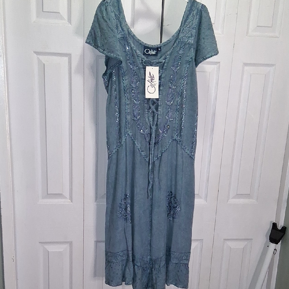 Chalet Blue Embroidered Midi Dress